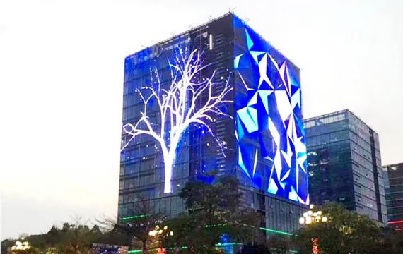 The building is fitted with 4 transparent LED walls for the effect