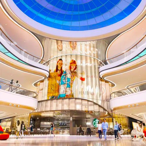 The transparent LED wall display effect installed inside the shopping mall