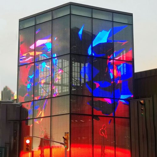 The whole building is installed with transparent LED wall display effect