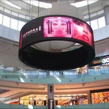 Flexible LED display mounted on suspension in shopping malls