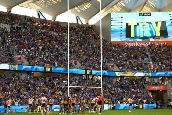 Hanging LED screens used in football stadiums replay events