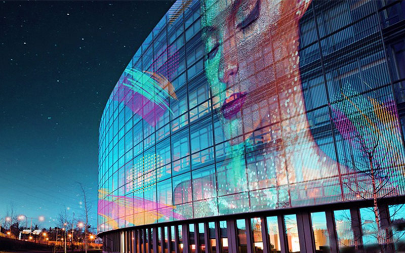 LED Grid Screen Installed On A Building Facade Displaying Content