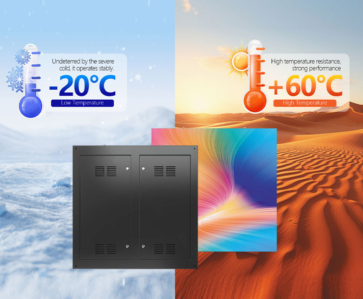 Schermo LED per esterni utilizzabile sia in condizioni di freddo che di caldo.