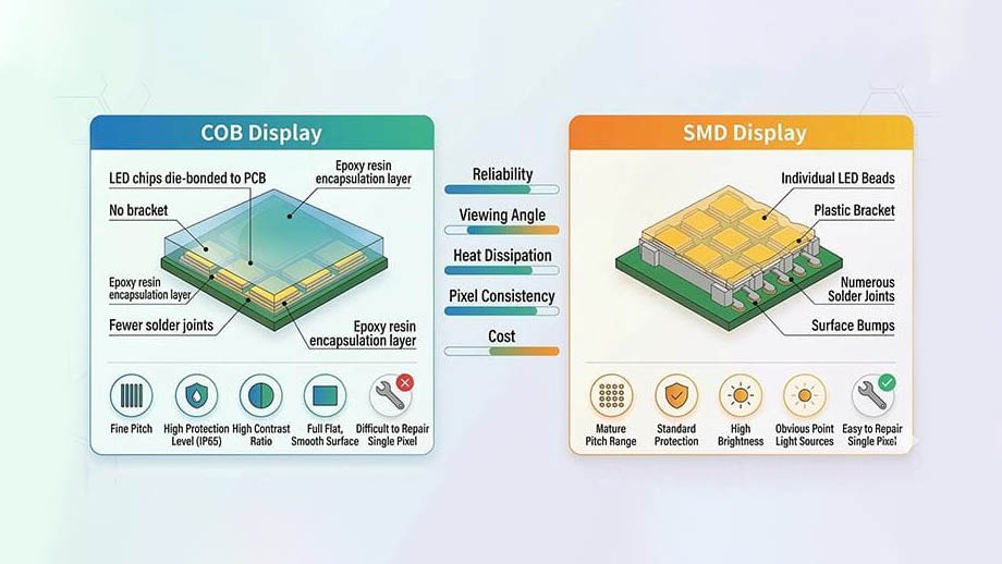 Structure d'encapsulation des LED COB vs. structure d'encapsulation des LED SMD